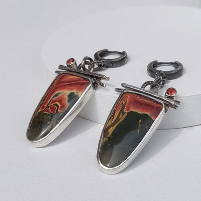 modern silver drop earrings, handmade earrings with red stones and dark silver by roff jewellery