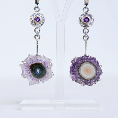 handcrafted earrings with purple amethyst stalactite slices, rough silver earrings by roff jewellery