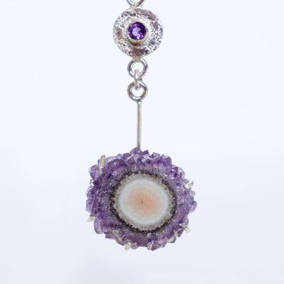 amethyst earrings handmade by roff jewellery, statement earrings with amethyst stalactite slices