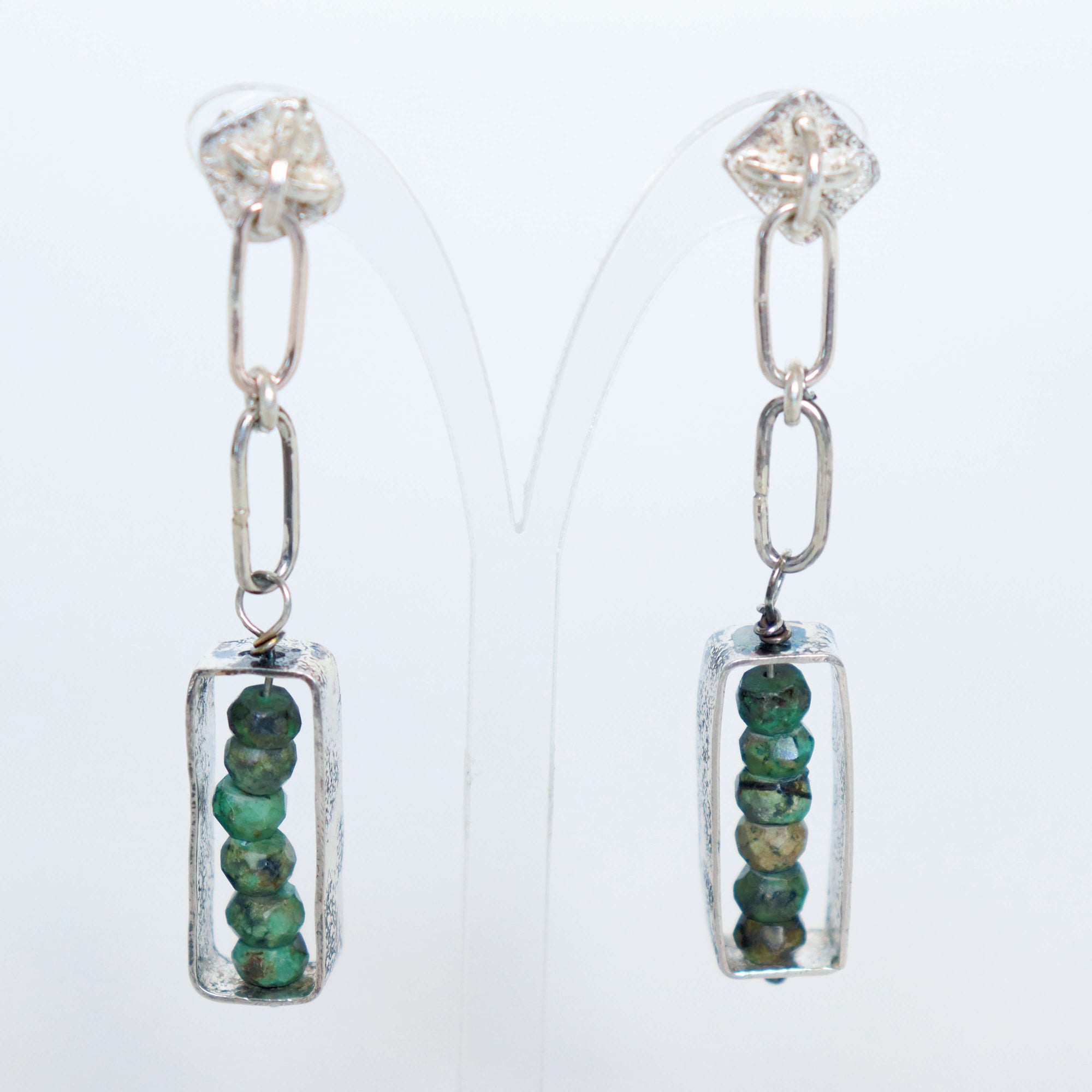 Natural turquoise bead earrings , silver box earrings in textured silver, by roff jewellery