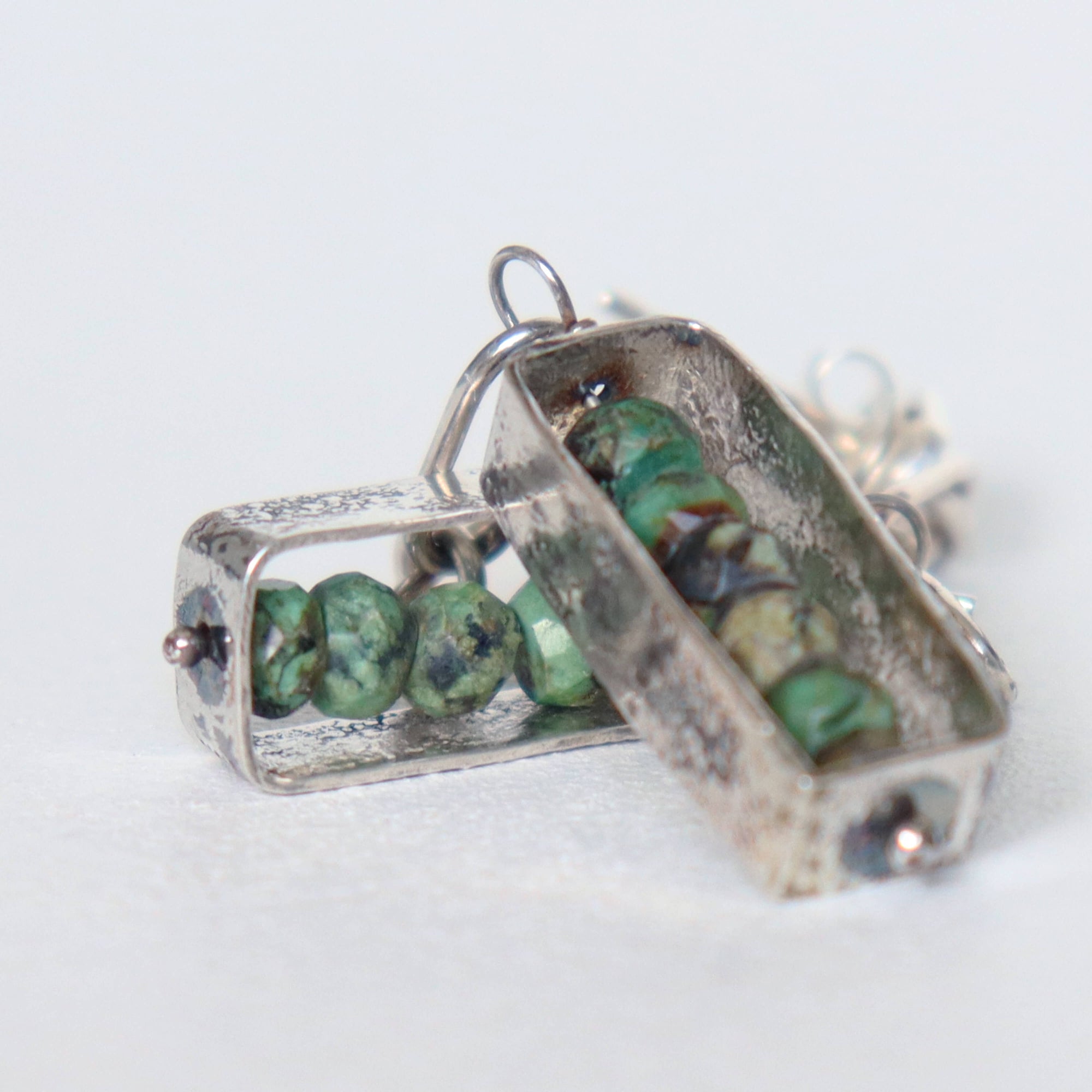 silver box earrings with turquoise, textured silver dangle earrings, made by hand  by roff jewellery