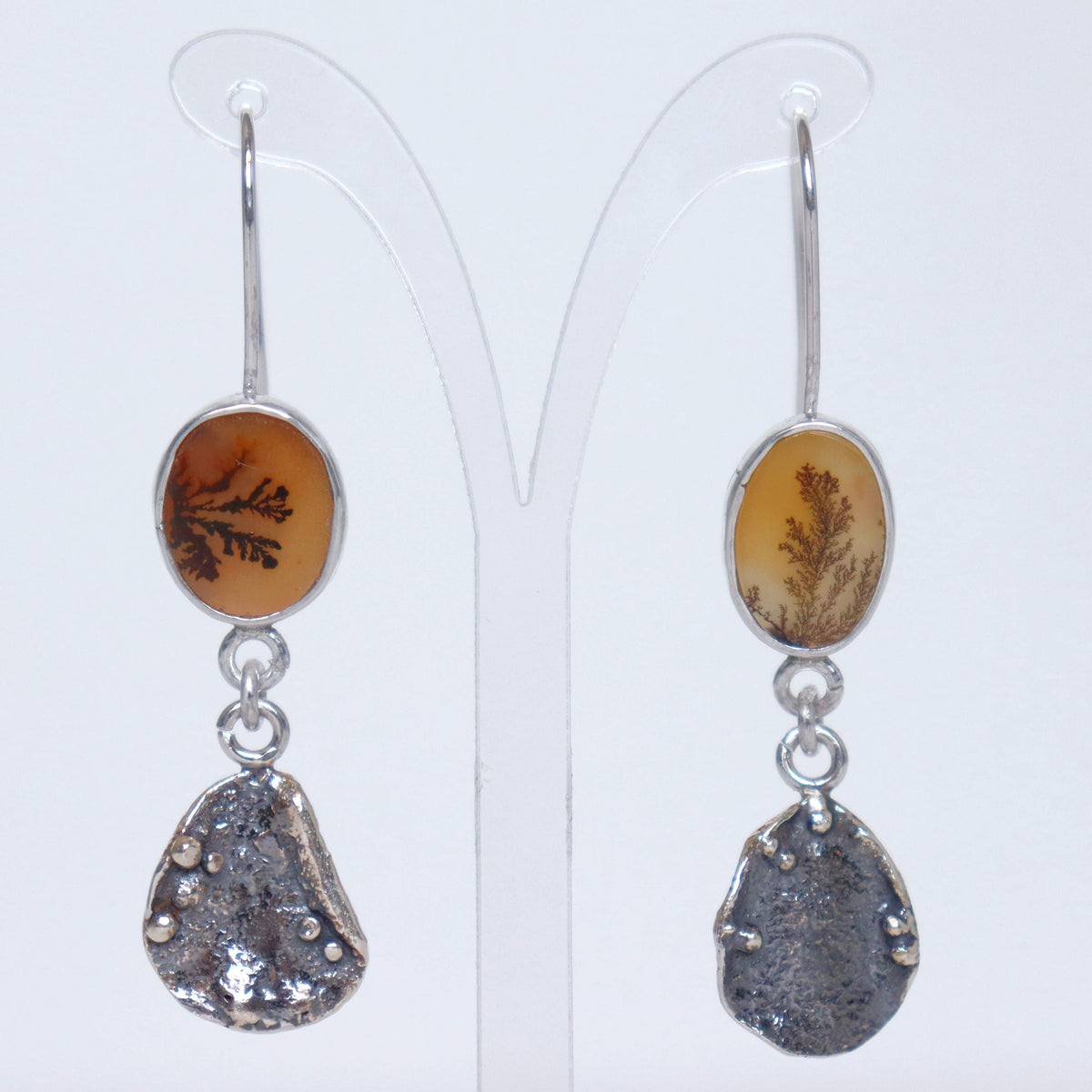 handmade silver earrings with dendrtic agates by roff jewellery