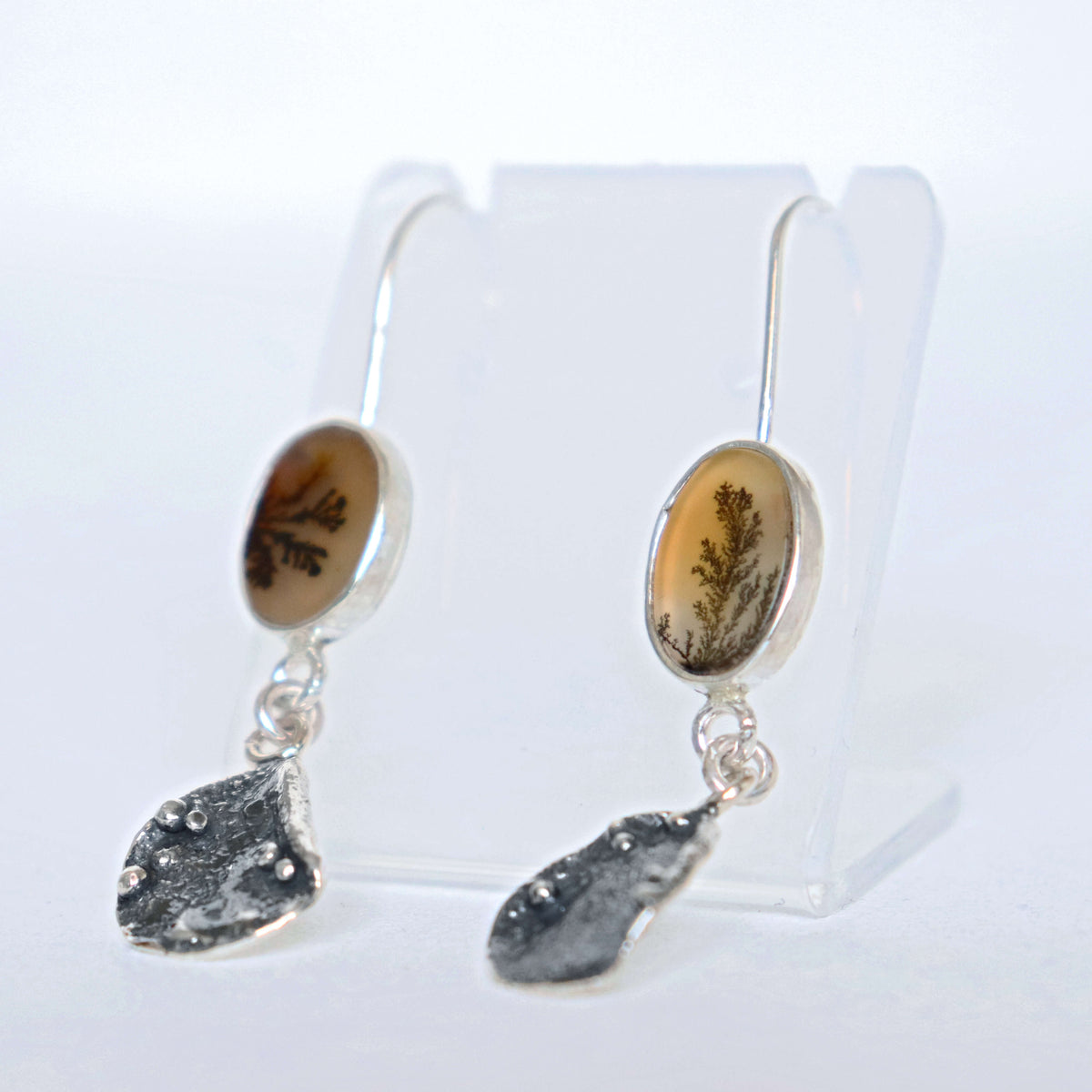Dangle earrings with oxidized silver charms and moss agate, handcrafted by roffjewellery.com