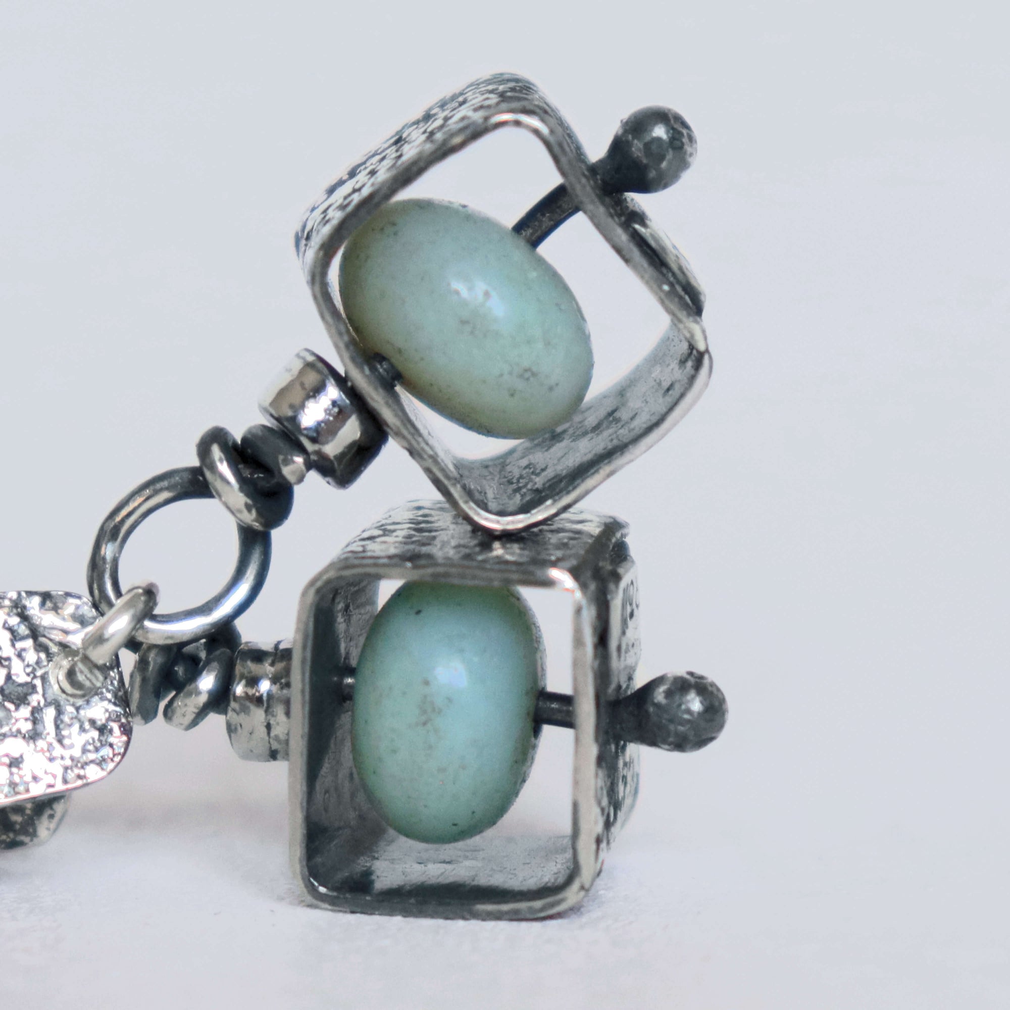 Oxidized silver dangle earrings, cube earrings with amazonite beads handmade by roff