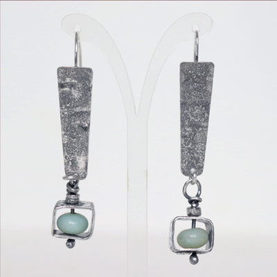 Textured silver drop earrings, handmade statement earings  with amazonite beads by roffjewellery