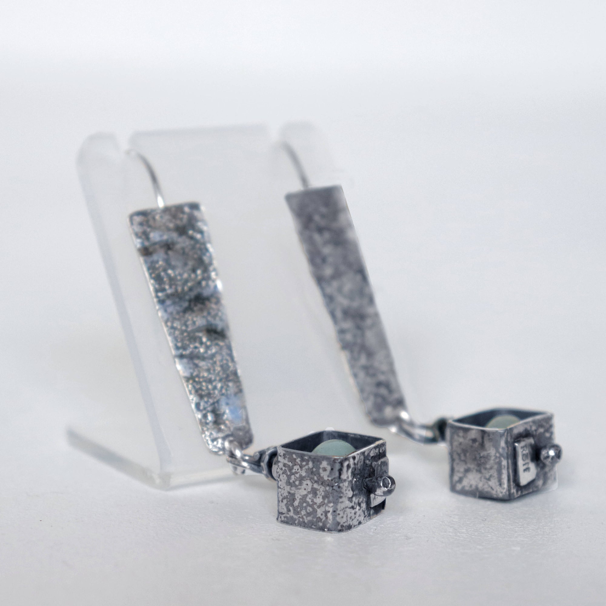 silver cube earrings with gemstone beads, handmade dangle earrings by roff, with pale blue stones