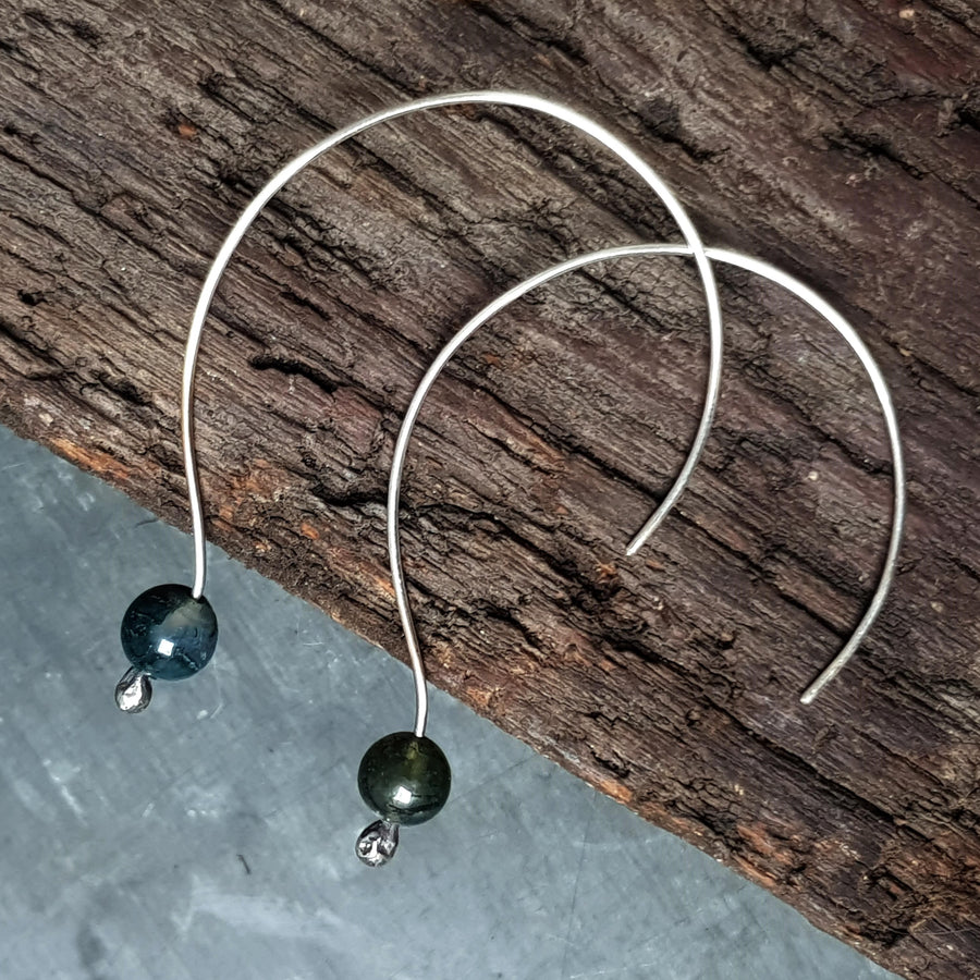 Simple hoop earrings, with molten silver drop and moss agate beads, handmade by roff jewellery