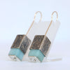 reticulated silver dangle earrings with gold hooks and amazonite stone.artisanmade by roff jewellery