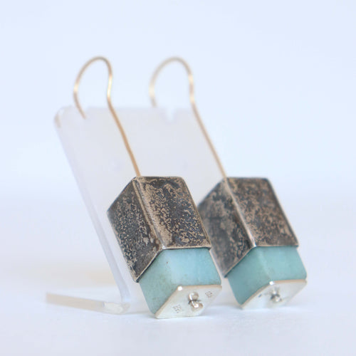 reticulated silver cube earrings with 14k gold earhooks and amazonite stones, handmade by roff