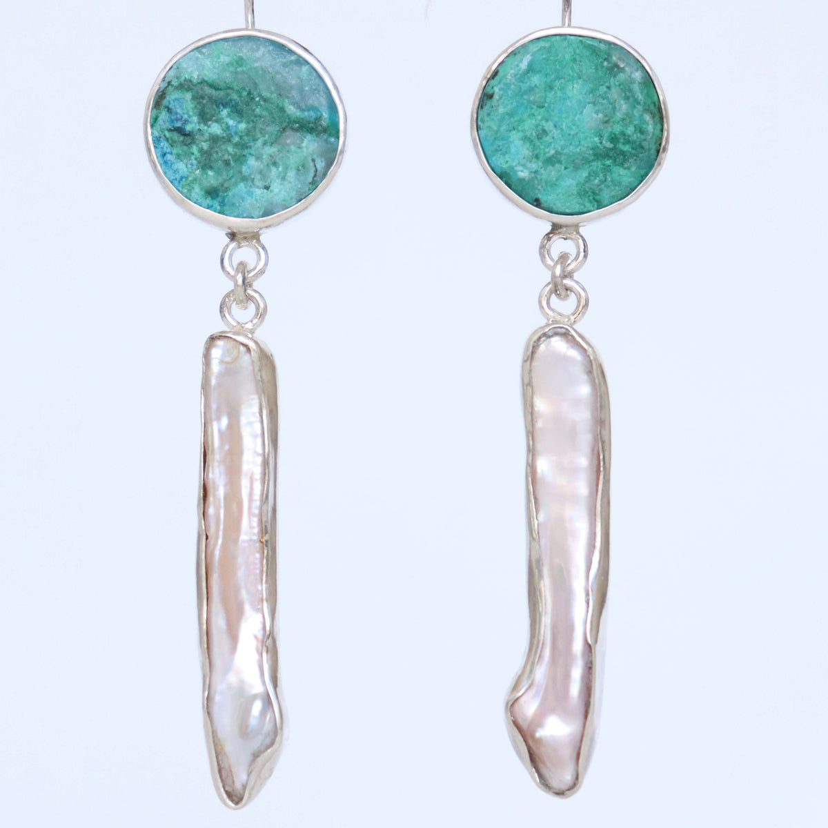 chrysocolla and pearl dangle earrings in silver versatile earrings, handmade by roffjewellery.com