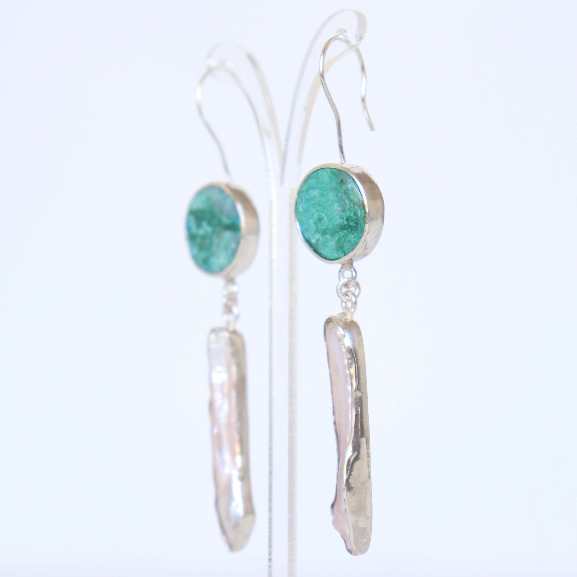 silver baroque pearl earrings with chrysocolla, drop earrings, handmade by roff jewellery