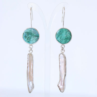 Striking silver statement earrings with pearl and chrysocolla gemstones, handcrafted by roff