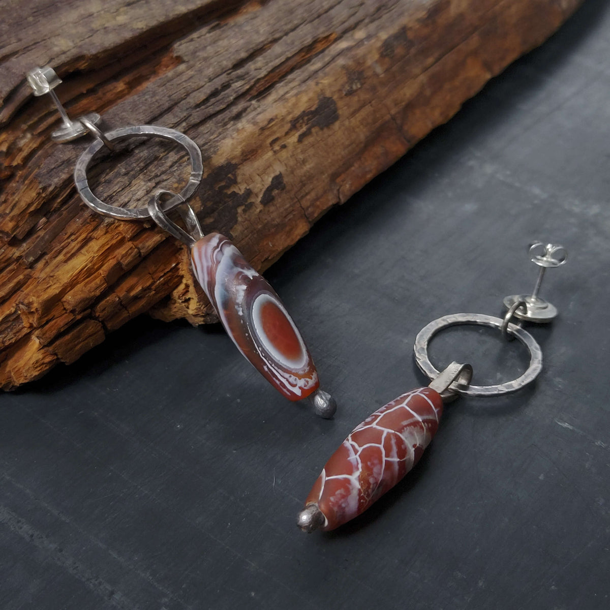 fire agate jewelry: crackled agate beads in hand fabricated silver earrings, by roff jewellery