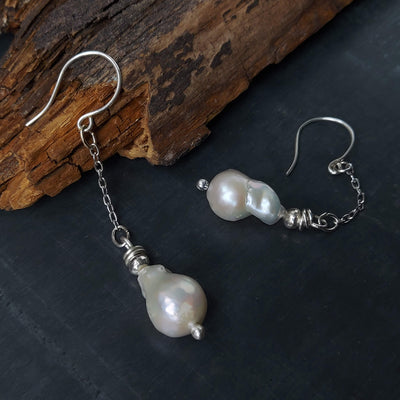 Long pearl earrrings, pearl drop earrings made with silver and pearls by roff jewellery