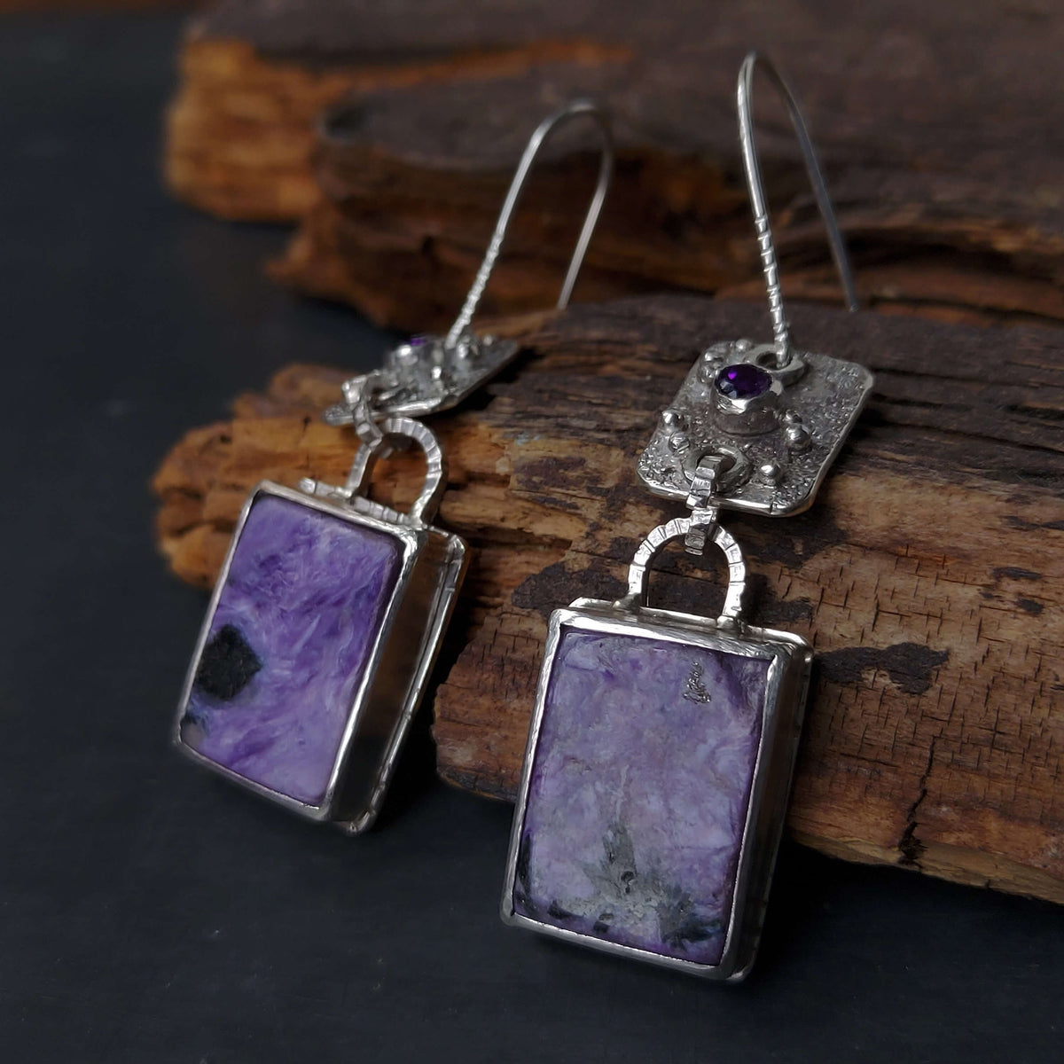 silver retro earrings, purple gemstones and hammered texture, handmade dangle earrings by roff