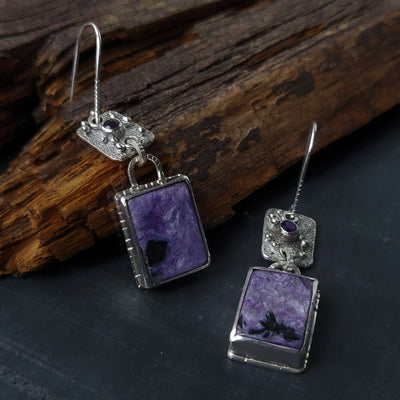 ooak modern silver earrings, chandelier, with sugilite and amethyst, handcrafted by roff jewellery