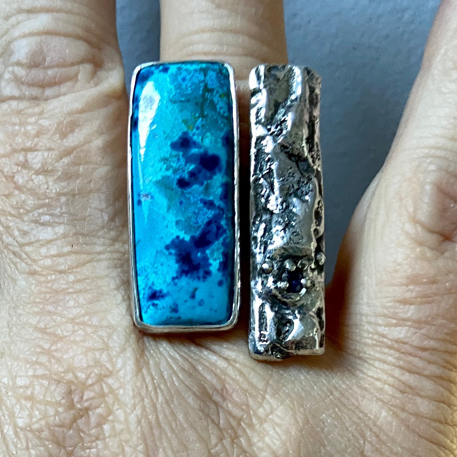 silver multi finger ring, multi stone ring set in textured oxidized silver, by roff jewellery