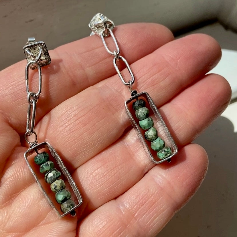boho earrings with turquoise beads and oxidized silver, closes with butterfly stud. silver gemstone drop earrings by roff jewellery