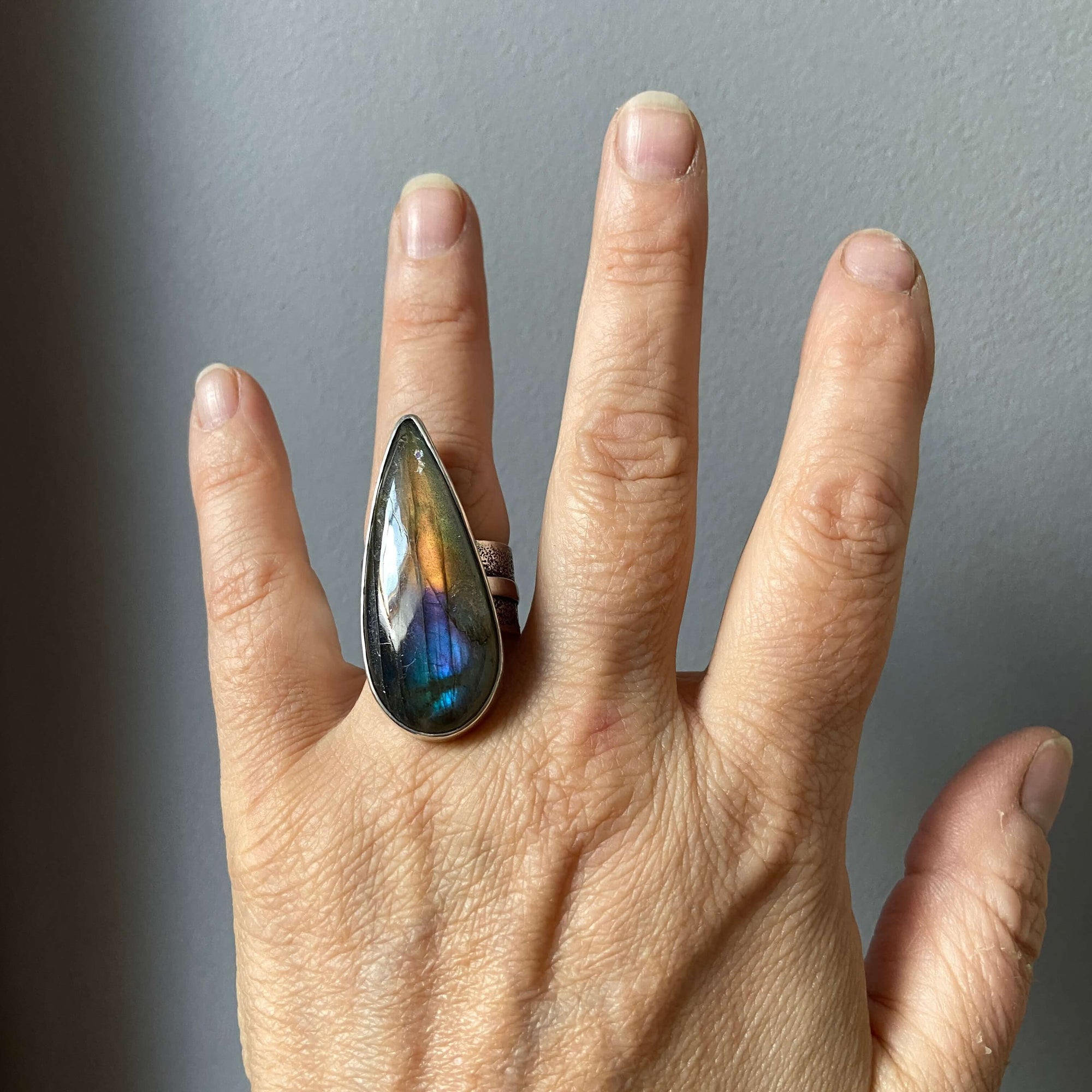 teardrop labradorite in wide silver ring, gift for her, gift for him, handmade by roff jewellery