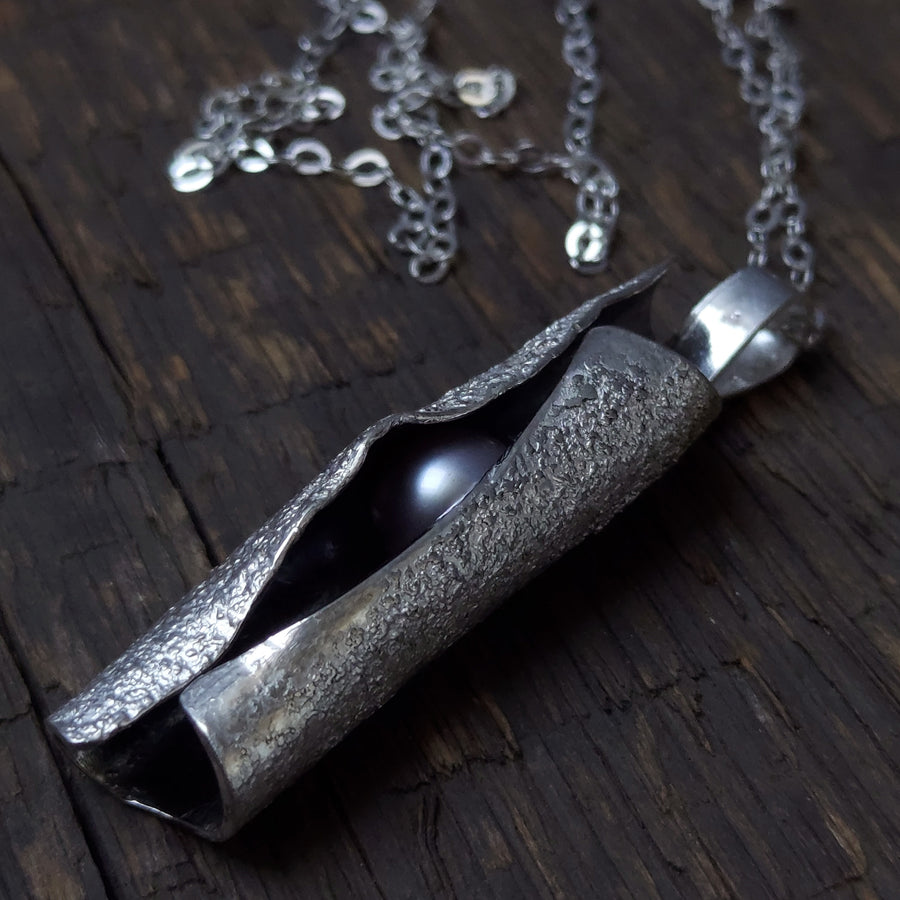 silver tube necklace with pearl. handmade simple neckllace by roff jewellery