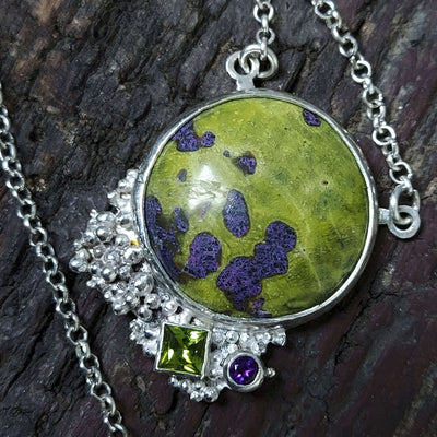 green and purple gemstone necklace on a fine silver chain unique designer necklace by roff jewellery