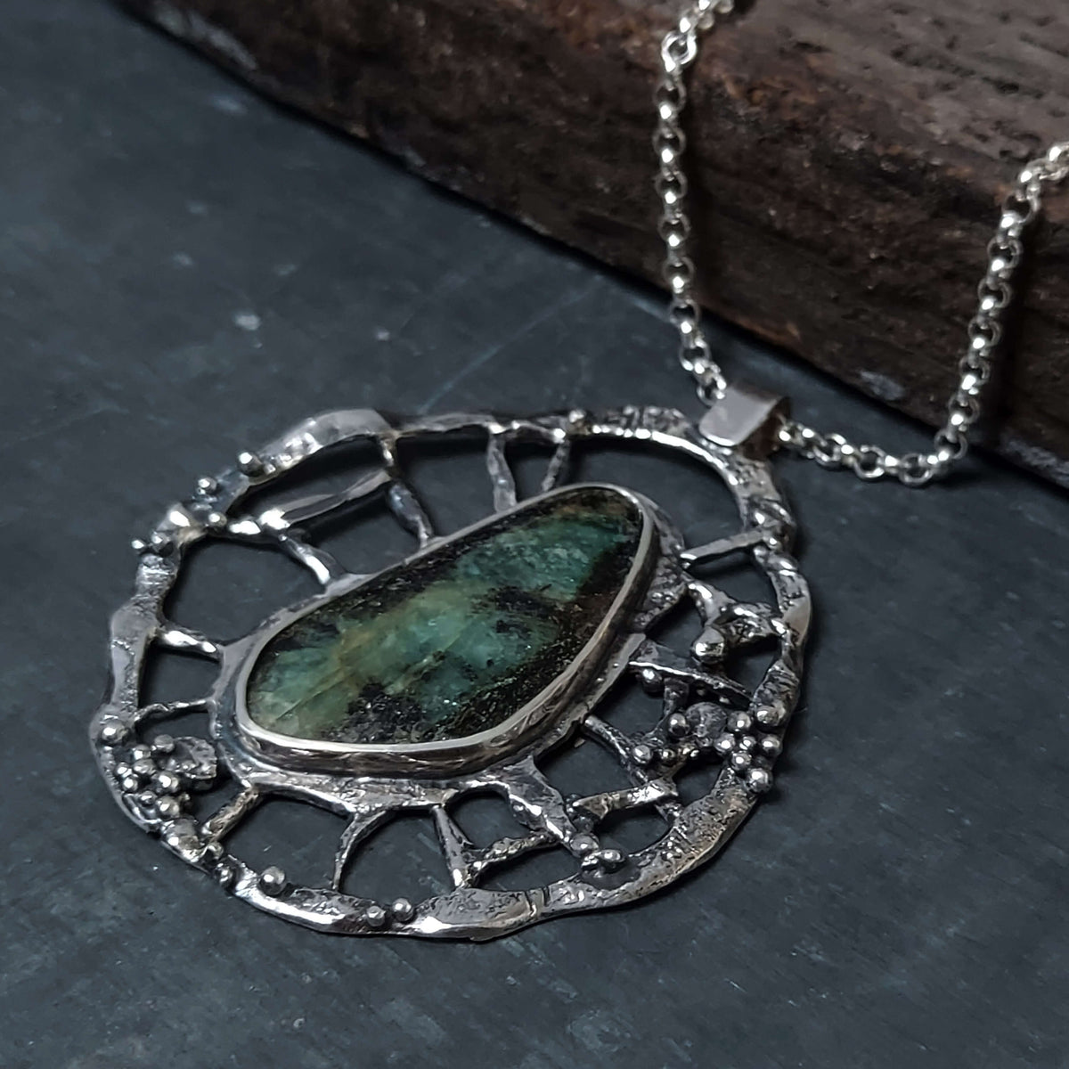Sterling silver necklace,rustic retro necklace with large emerald, artisan made by roffjewellery.com