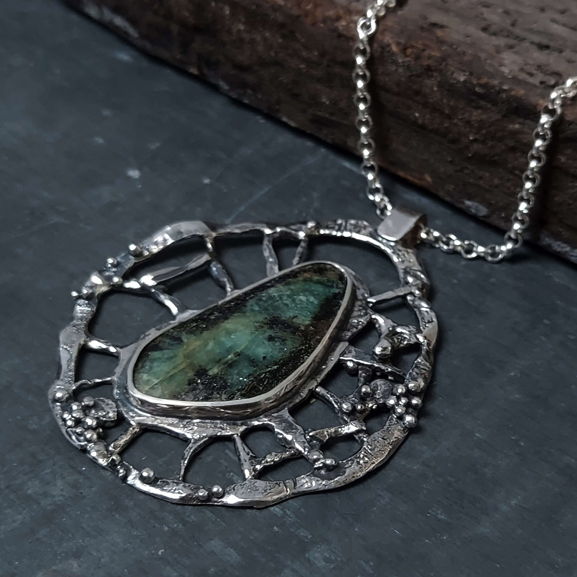 Sterling silver necklace,rustic retro necklace with large emerald, artisan made by roffjewellery.com