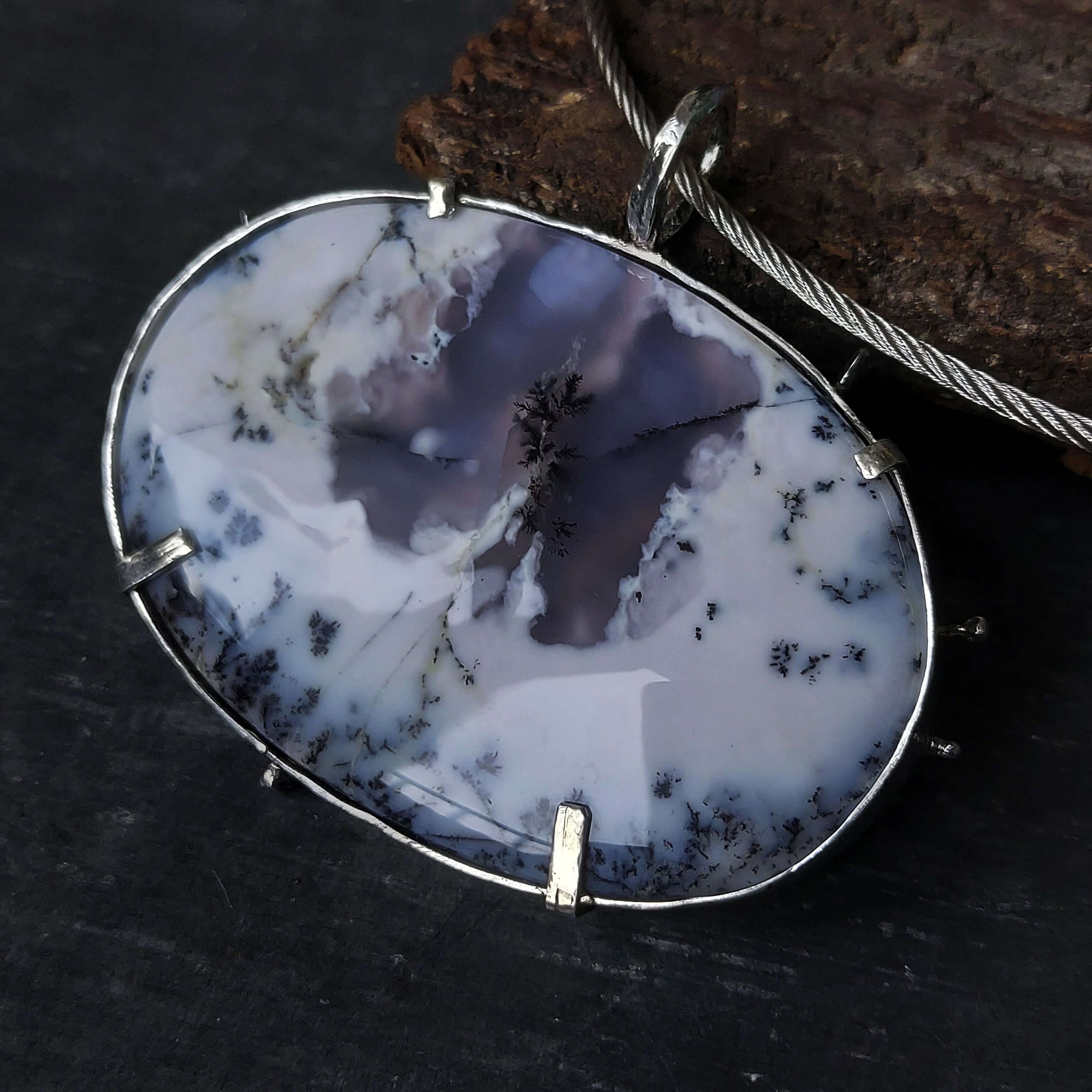 Handmade statement necklace with moss opal by roff jewellery