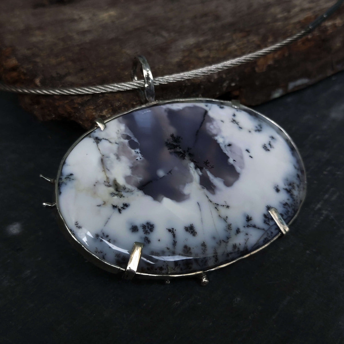 Organic shapes necklace, silver necklace with dendritic agate, handmade by roff
