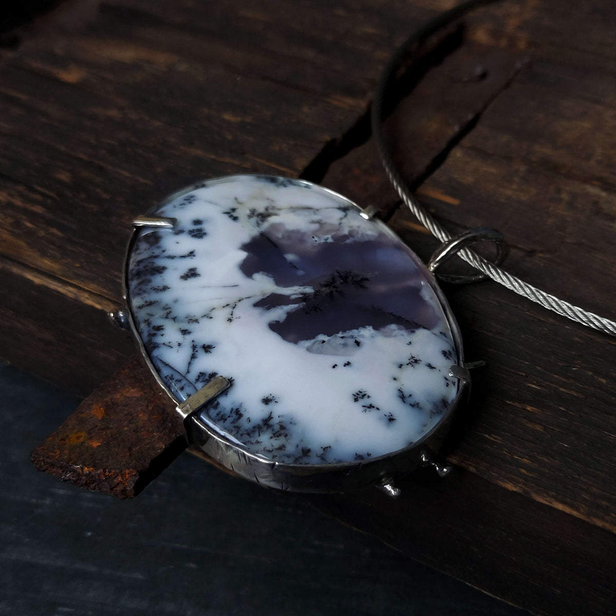 Milk opal with dendrites in handmade silver necklace by Roff jewellery