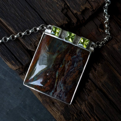 exquisite silver necklace with peridot and landscape jasper long silver chain, handcrafted by roff