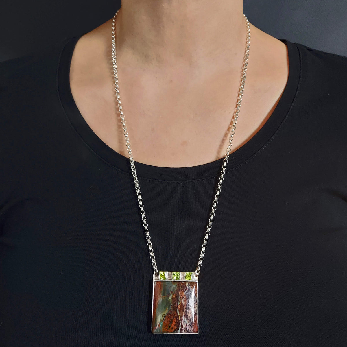 jasper and peridot necklace on a 60 cm silver rolo jasseron chain, handmade by roffjewellery.com