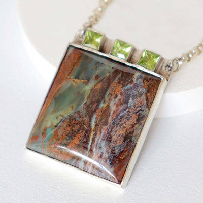 square pendant with striped jasper and peridot, handmade 925 silver necklace by roffjewellery.com
