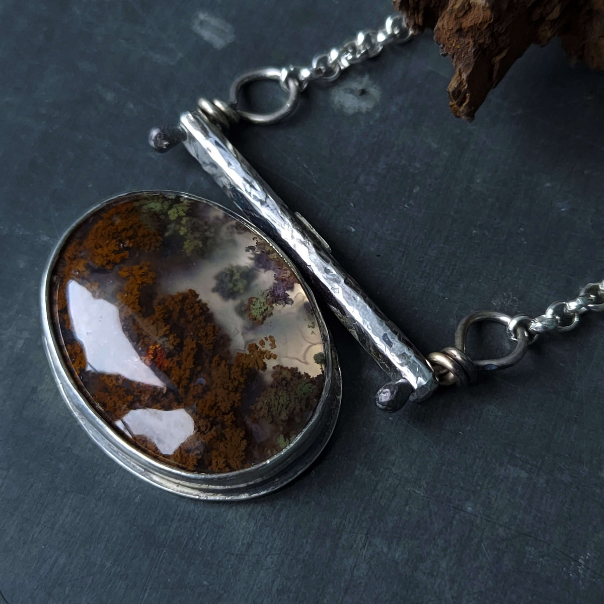 stunning moss agate on raw silver beam, organic shape necklace, handmade by roff jewellery