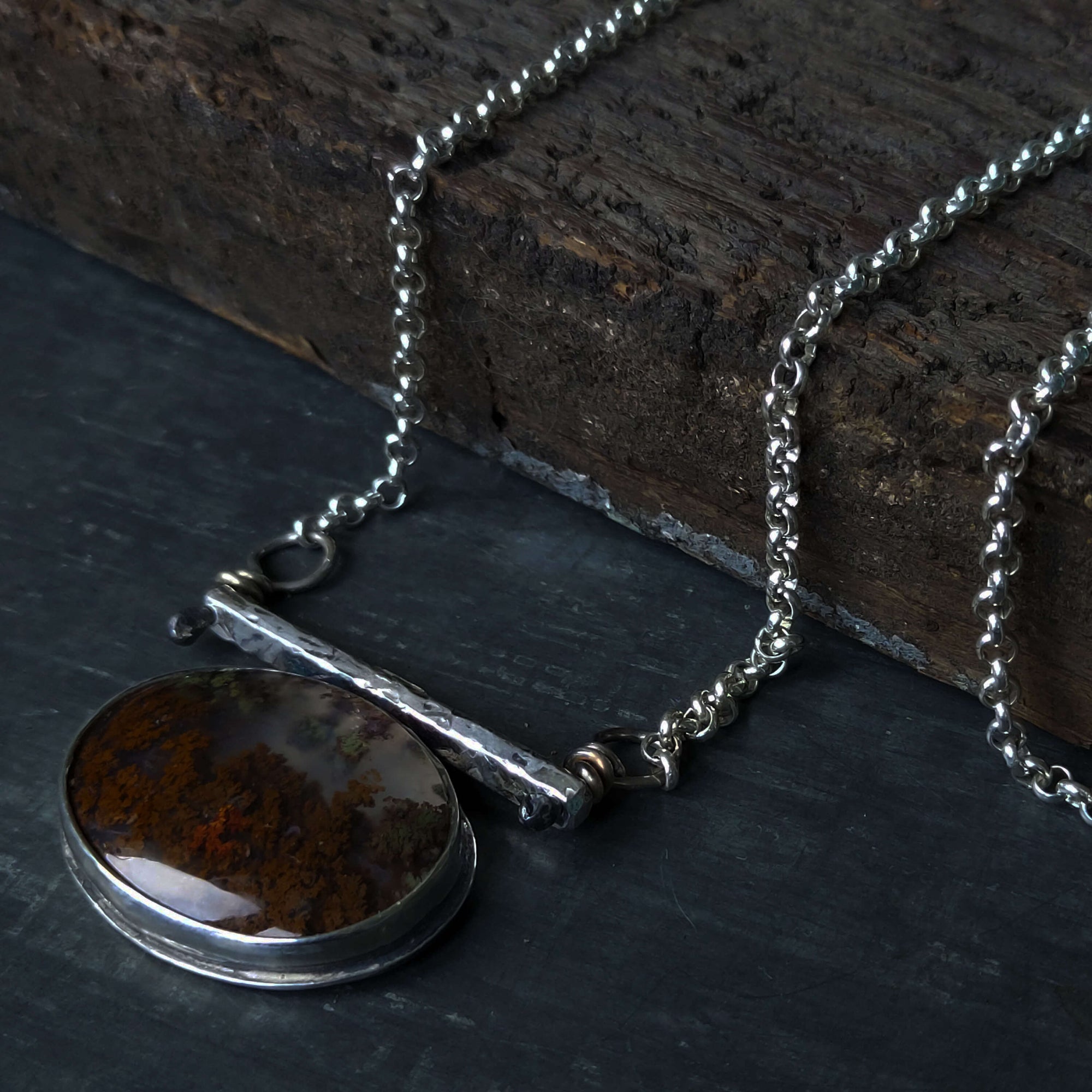 artisan made silver necklace with exceptional pattern moss agate, by roff jewellery