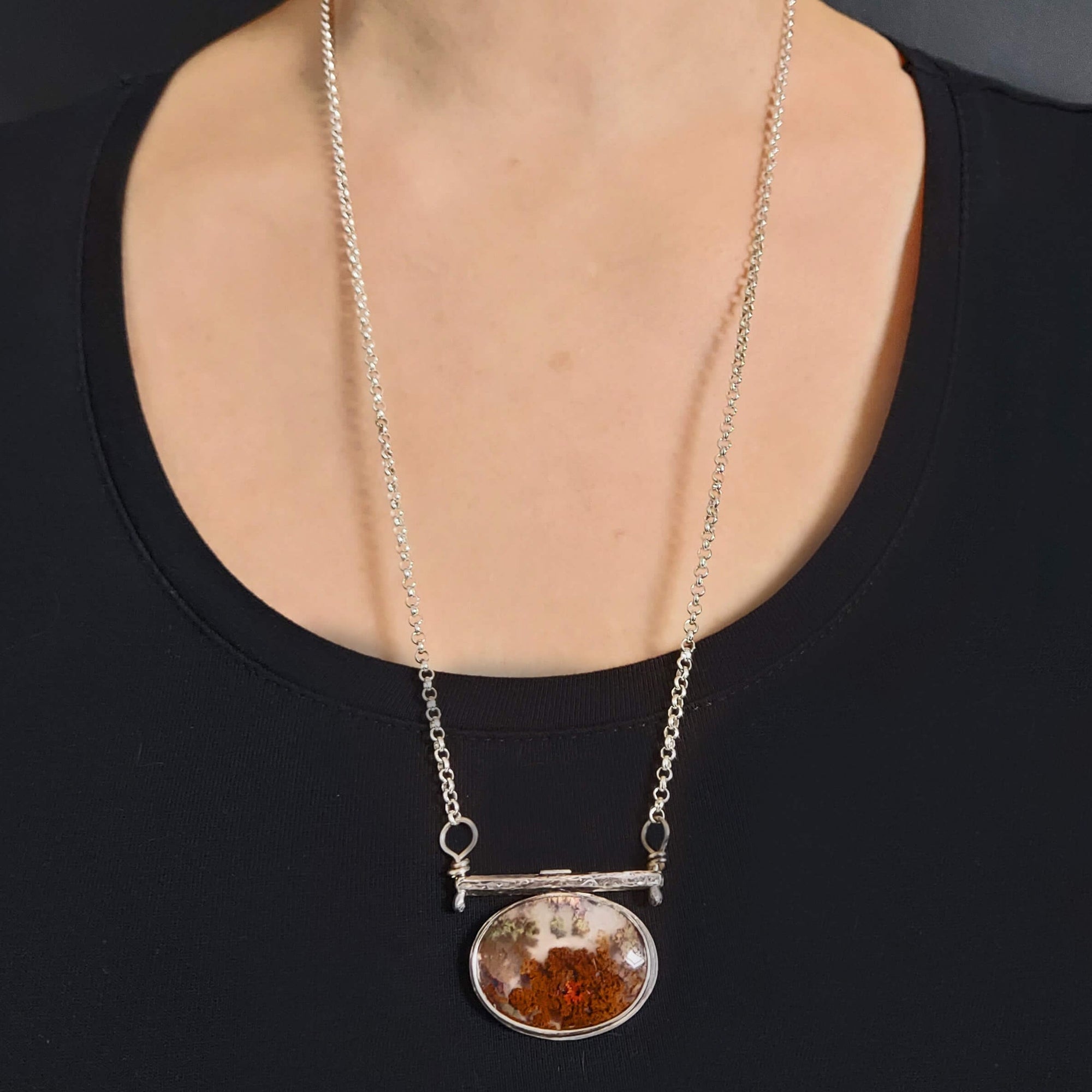 dendritic agate on a 60 cm long silver rolo chain, handmade silver necklace by roff jewellery