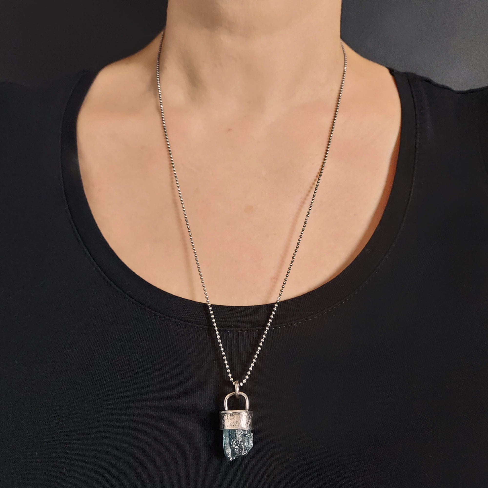 ball chain with rough crystal pendant, raw aquamarine necklace, handmade by roff jewellery