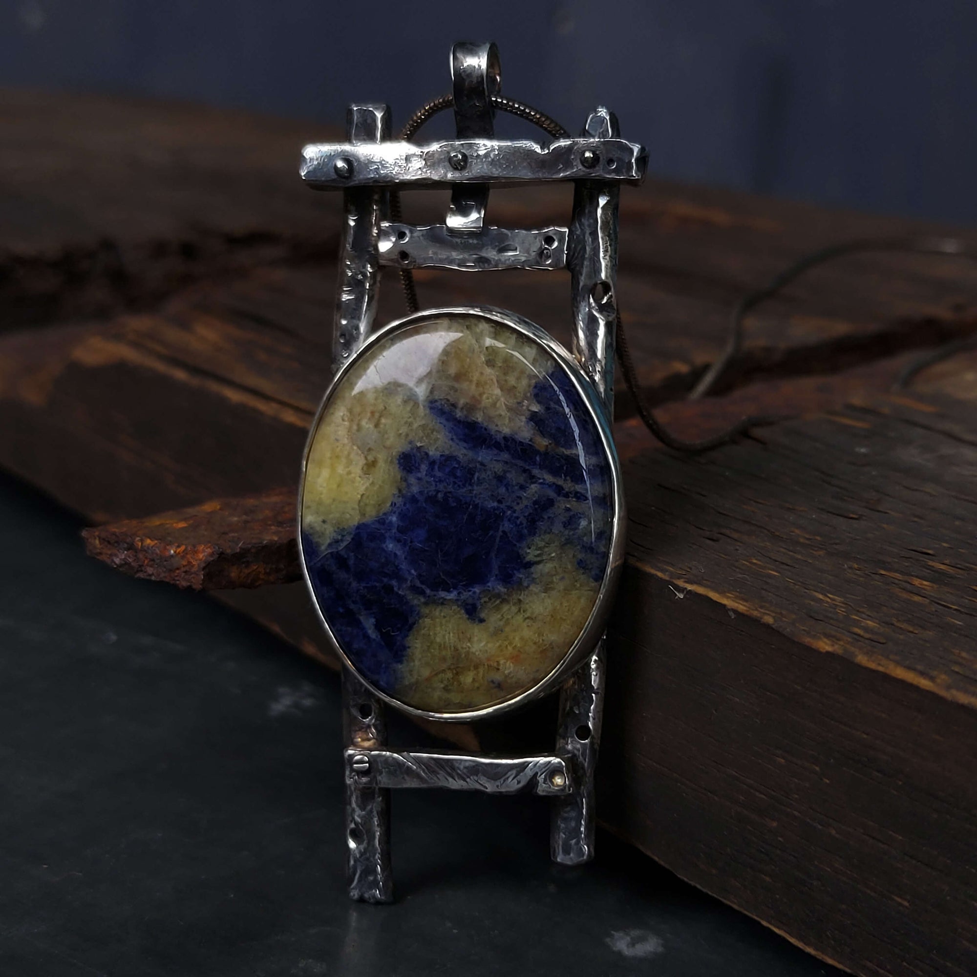 yellow and blue sodalite gemstone in silver pendant ,woodlike texture,silver necklace, handmade roff