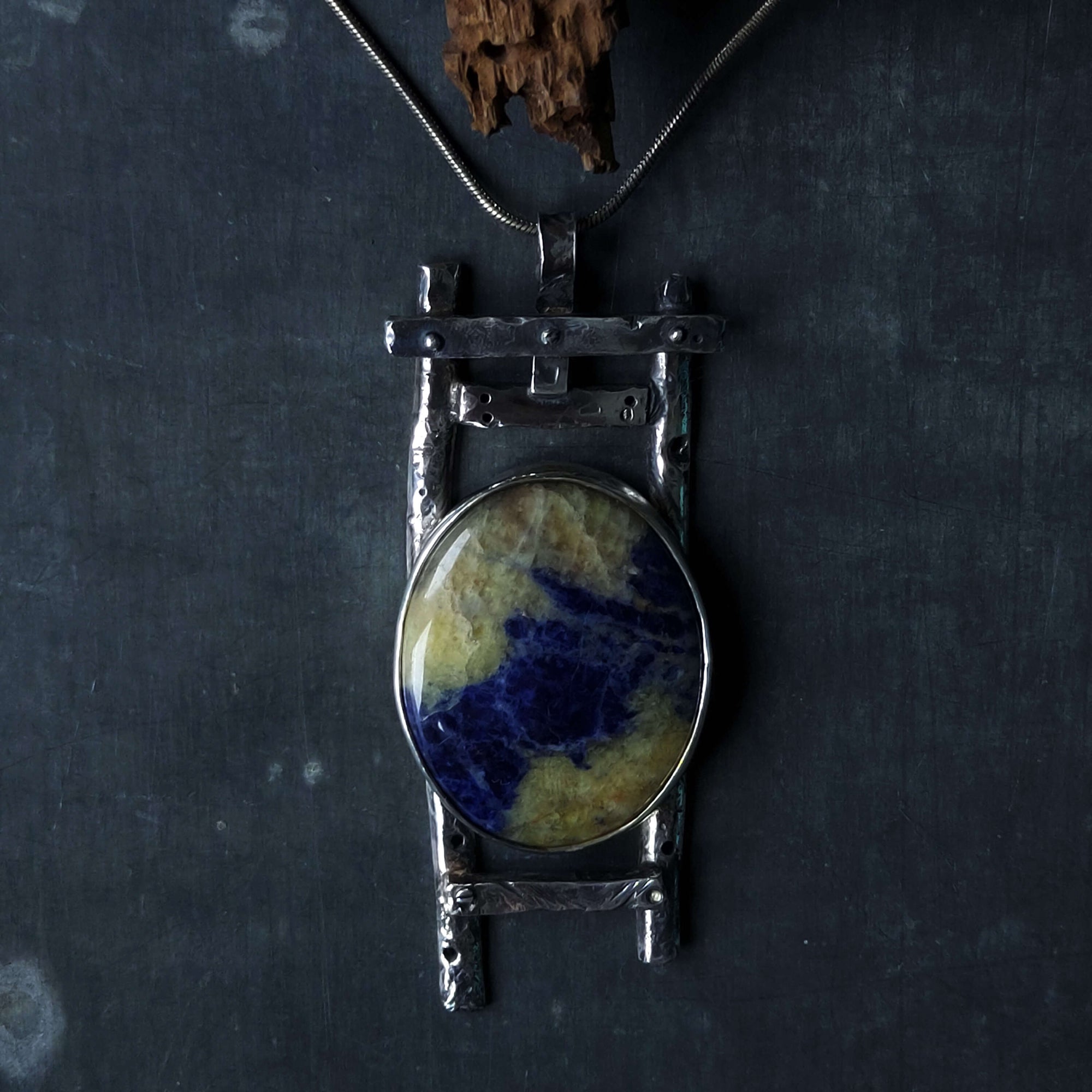 small silver beams nailed,rivets & screws, blue yellow sodalite.42 cm 925 chain, handmade by roff
