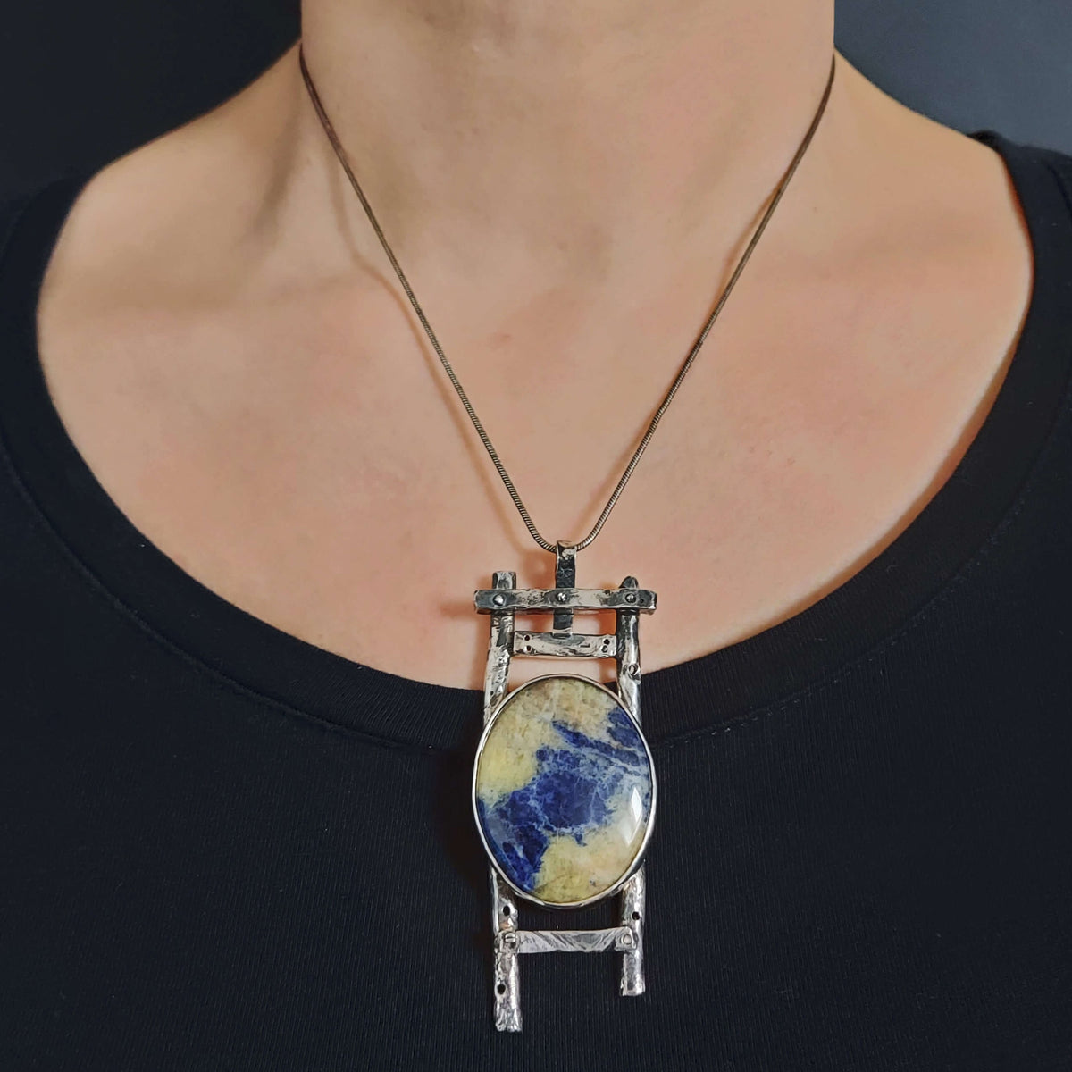 square ladder shaped pendant,dark silver & texture,sodalite, silver snake chain, handmade by roff