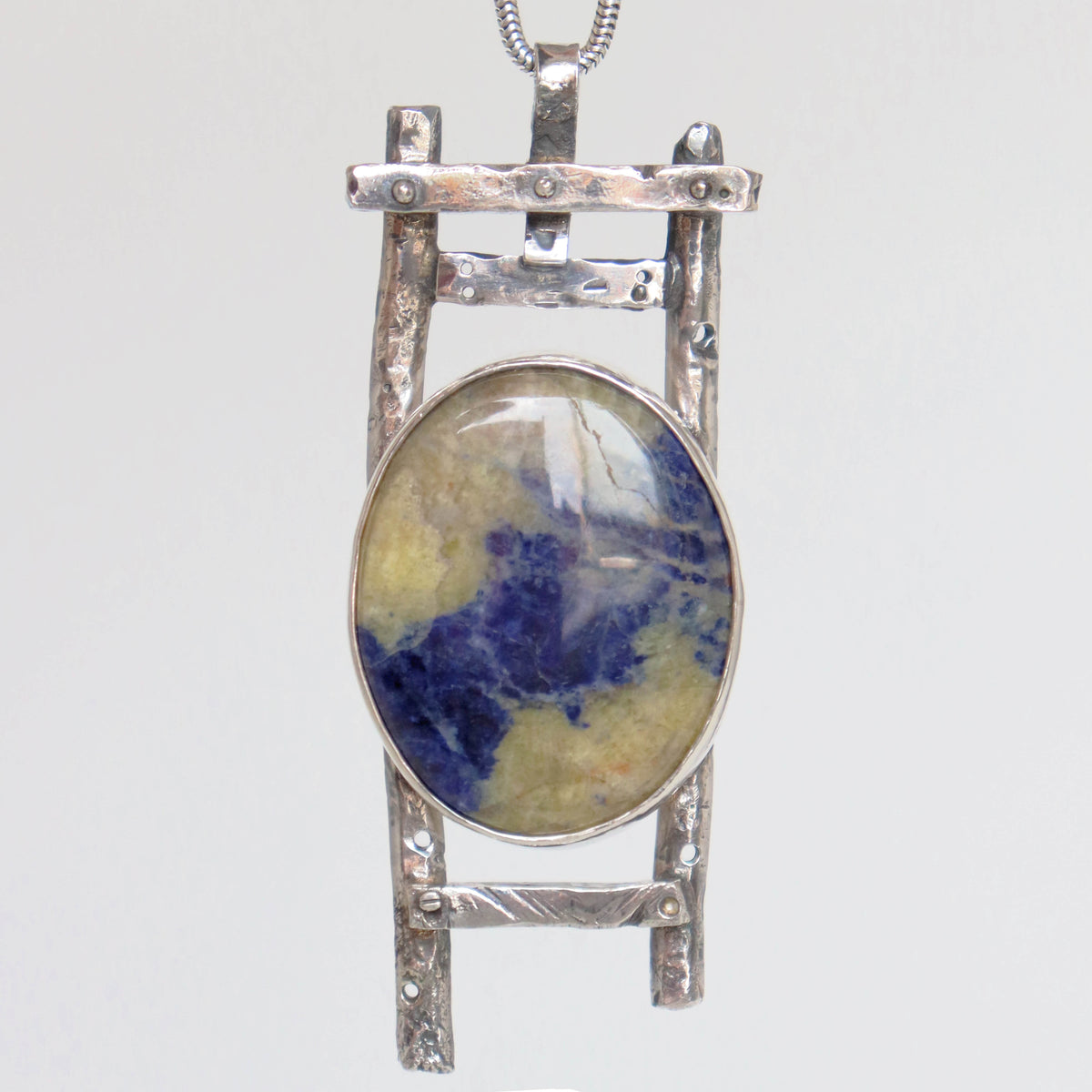 silver stepladder necklace, pale yellow  & blue sodalite gemstone, rivets & screws, handmade by roff