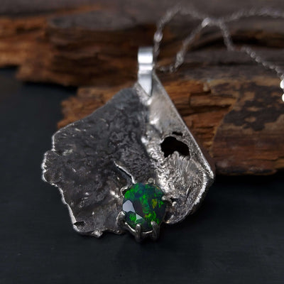 organic form silver pendant black opal welo opal roff jewellery handmade handcrafted