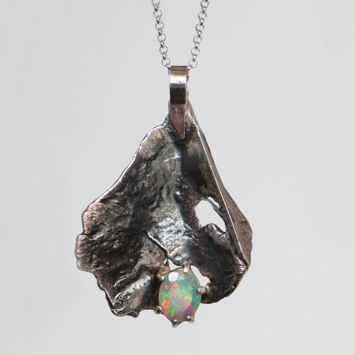 oxidized silver pendant, inspired by nature with opal, handcarfted by roff