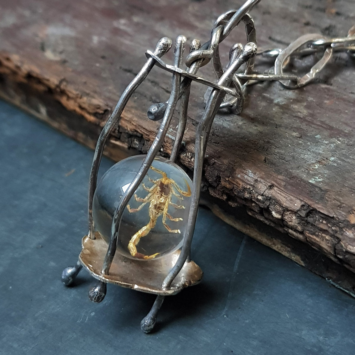 cage pendant with scorpion inside. Handcrafted chain hammered and oxidized silver links, by roff