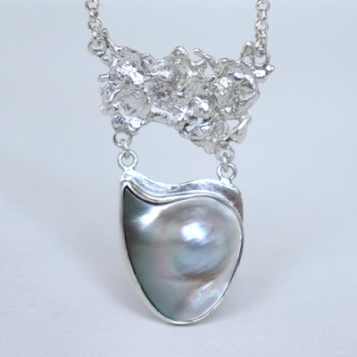 stylish silver necklace with large pearl, handmade modern necklace by roff jewellery