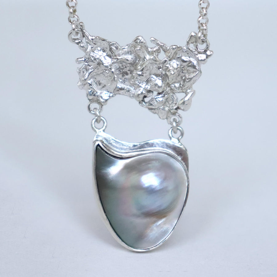 stylish silver necklace with large pearl, handmade modern necklace by roff jewellery