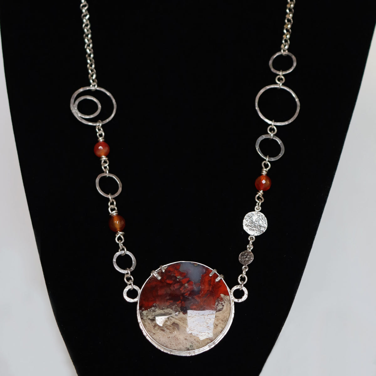 hand hammered round links silver necklace with spectacular dendritic agate, by roffjewellery.com