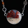 retro style silver necklace with large moss agate and carnelian beads, handmade by roff jewellery