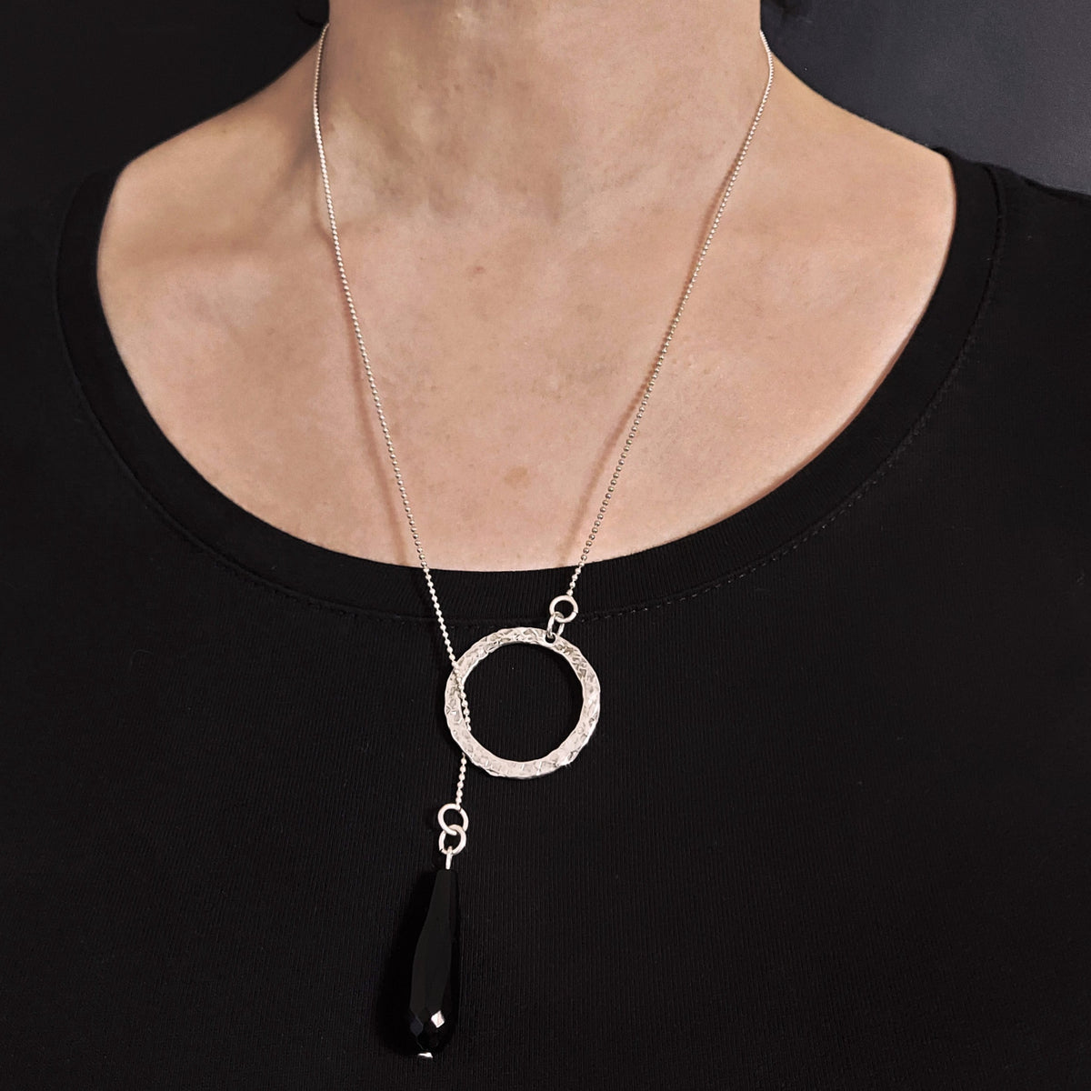 Onyx bead necklace with hand hammered silver pendant, fine silver chain, by roffjewellery.com
