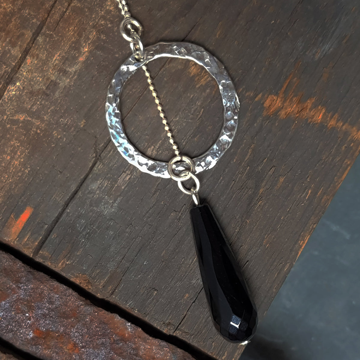 Simple elegant hammered raw silver necklace with onyx, for women. handmade by roff jewellery
